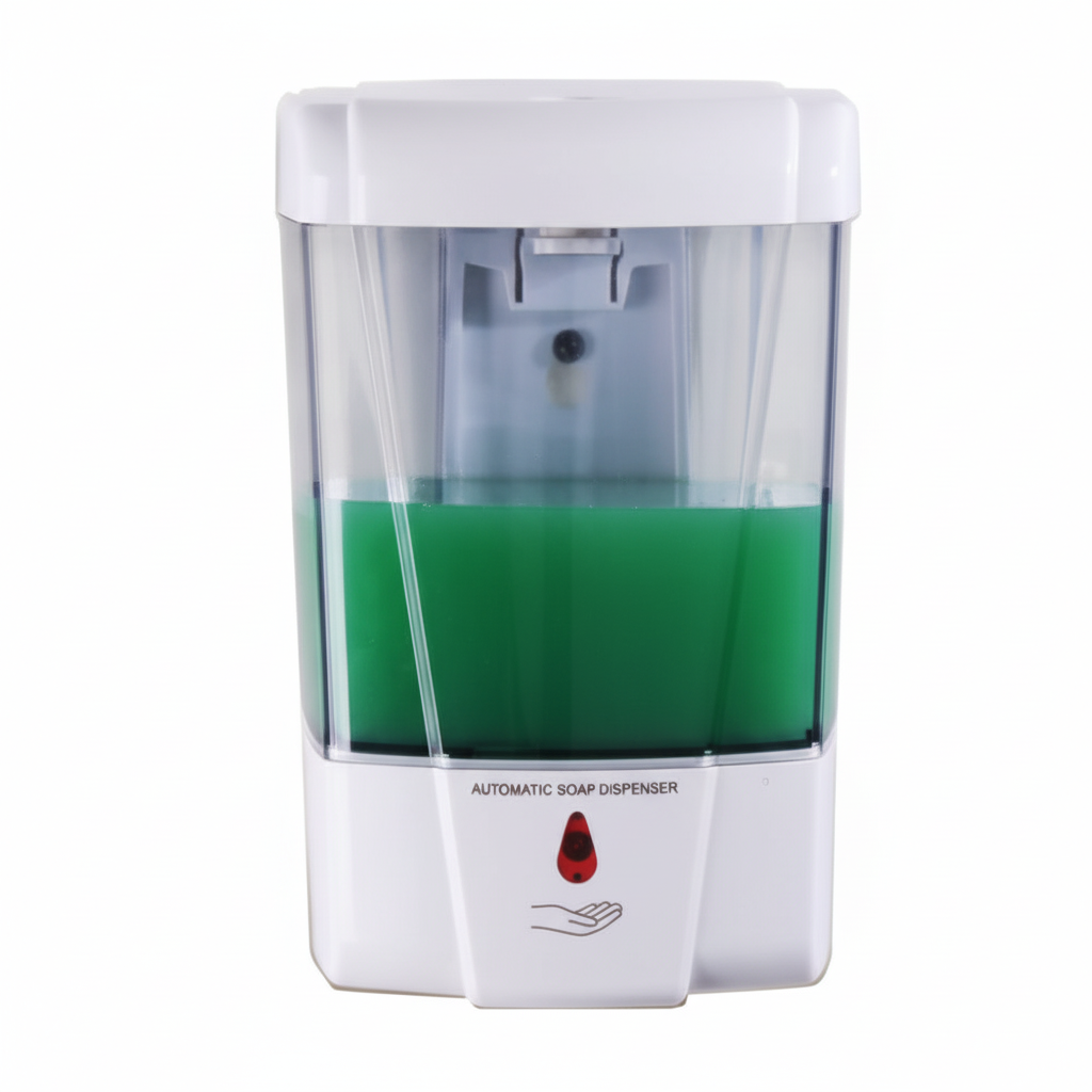 Grafiqe wall-mounted automatic soap dispenser featuring a white durable housing, a transparent liquid reservoir for easy level monitoring, and a motion-activated infrared sensor for touchless hand hygiene.