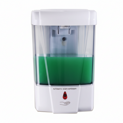Grafiqe wall-mounted automatic soap dispenser featuring a white durable housing, a transparent liquid reservoir for easy level monitoring, and a motion-activated infrared sensor for touchless hand hygiene.
