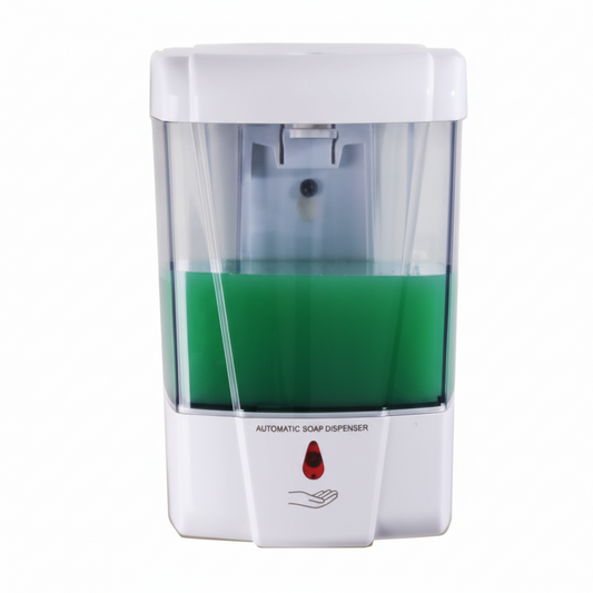 Grafiqe wall-mounted automatic soap dispenser featuring a white durable housing, a transparent liquid reservoir for easy level monitoring, and a motion-activated infrared sensor for touchless hand hygiene.