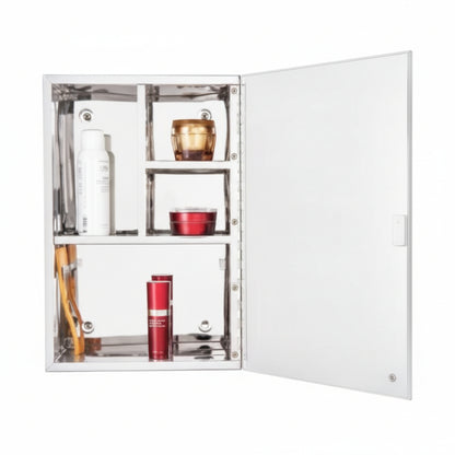 Open view of the Grafiqe bathroom mirror cabinet showing a reflective stainless steel interior with four multi-sized storage compartments, integrated toothbrush holder, and skincare products organized on tiered shelving.