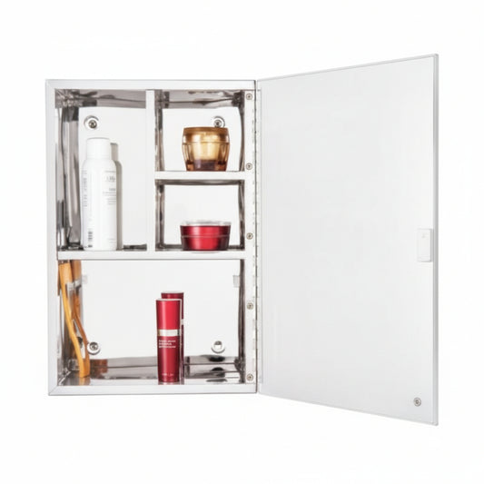 Open view of the Grafiqe bathroom mirror cabinet showing a reflective stainless steel interior with four multi-sized storage compartments, integrated toothbrush holder, and skincare products organized on tiered shelving.