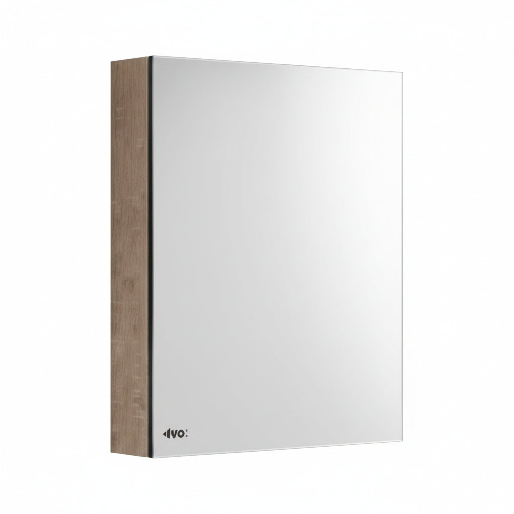 Wall-mounted bathroom mirror cabinet by Grafiqe featuring a minimalist frameless mirror front and a natural wood-grain finish side panel, designed for modern bathroom vanity storage.