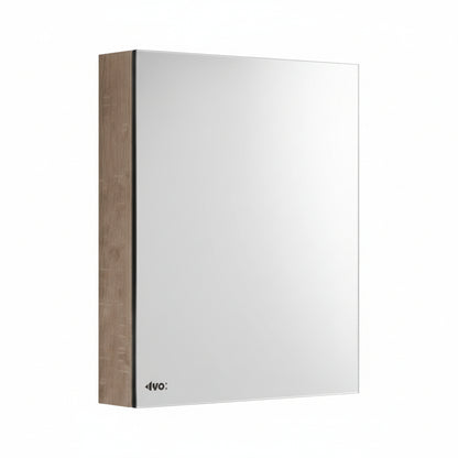 Wall-mounted bathroom mirror cabinet by Grafiqe featuring a minimalist frameless mirror front and a natural wood-grain finish side panel, designed for modern bathroom vanity storage.