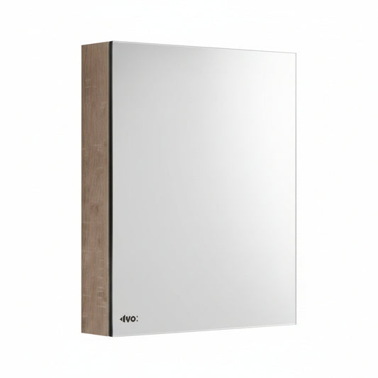 Wall-mounted bathroom mirror cabinet by Grafiqe featuring a minimalist frameless mirror front and a natural wood-grain finish side panel, designed for modern bathroom vanity storage.