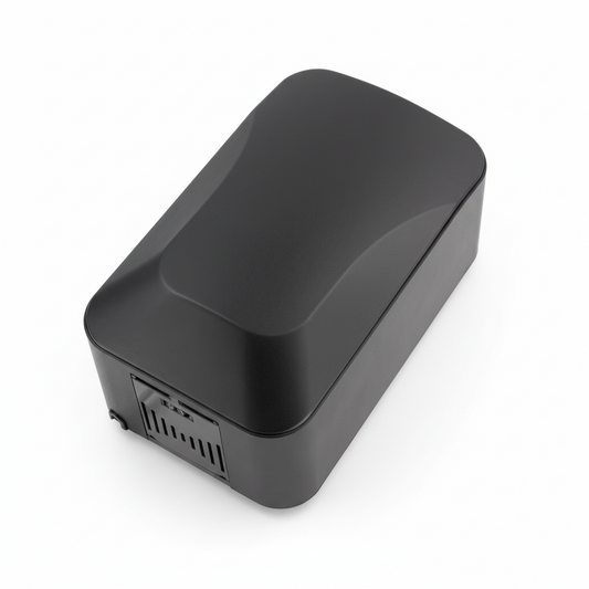 Top-down view of a Grafiqe wall-mounted automatic hand dryer in a premium black finish, featuring a sleek rectangular aerodynamic housing and high-velocity air outlet for efficient commercial washroom hygiene.