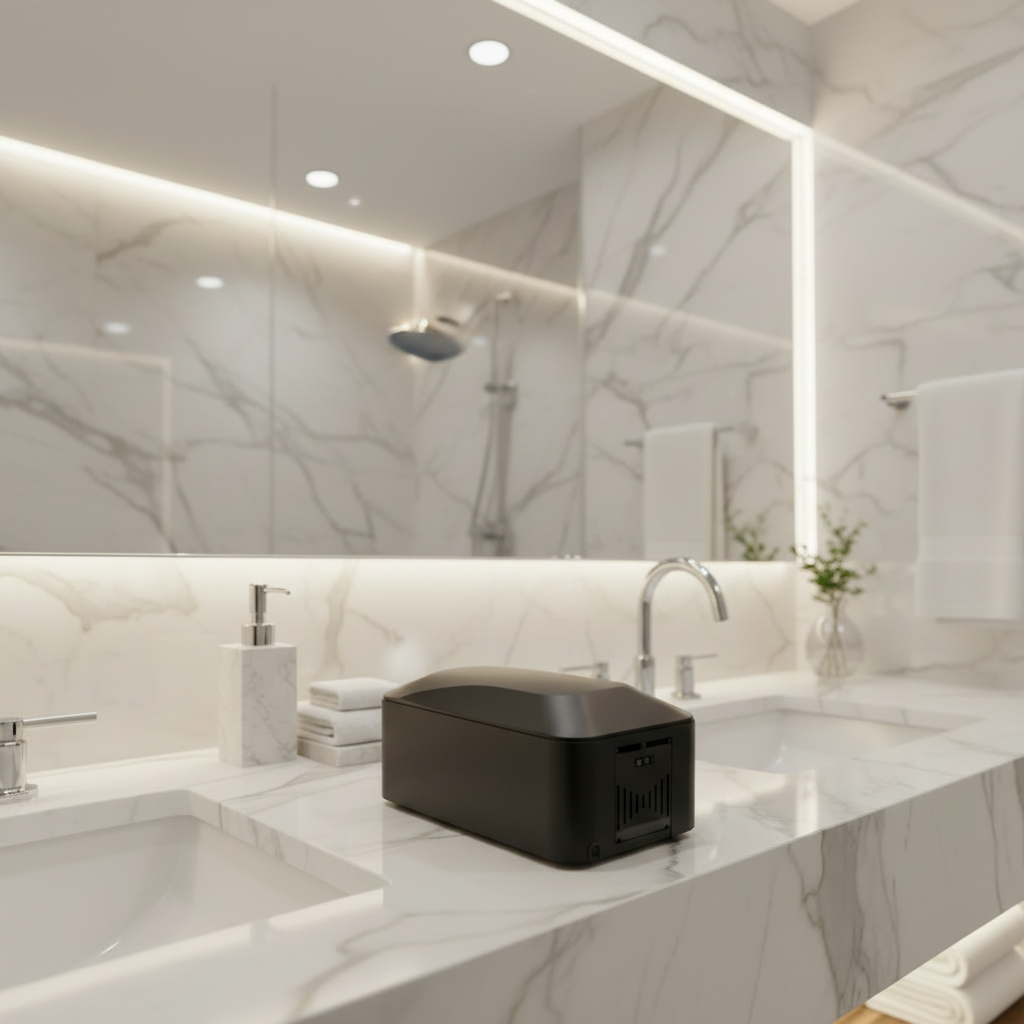 Lifestyle view of a Grafiqe matte black automatic hand dryer placed on a white marble vanity countertop, positioned between dual undermount sinks with modern chrome fixtures and a large backlit mirror in a luxury bathroom.