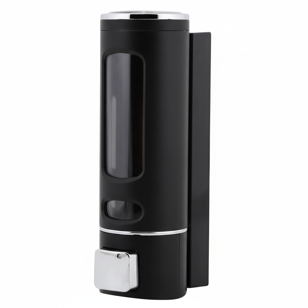 Grafiqe wall-mounted cylindrical liquid dispenser featuring a premium black finish, a large vertical transparent viewing window for soap levels, and a chrome manual push-button pump for organized bathroom and shower storage.