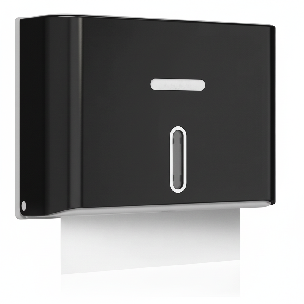 Grafiqe wall-mounted classic paper towel dispenser in a premium black finish, featuring a central vertical viewing window for level monitoring and a secure lockable top for commercial washroom sanitation.