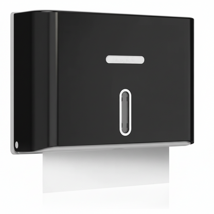 Grafiqe wall-mounted classic paper towel dispenser in a premium black finish, featuring a central vertical viewing window for level monitoring and a secure lockable top for commercial washroom sanitation.