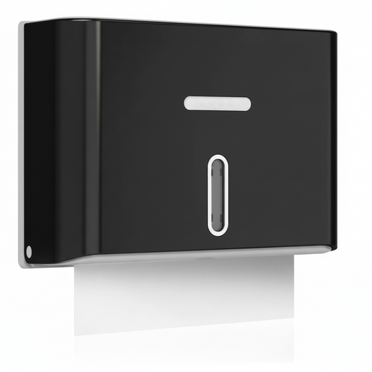 Grafiqe wall-mounted classic paper towel dispenser in a premium black finish, featuring a central vertical viewing window for level monitoring and a secure lockable top for commercial washroom sanitation.