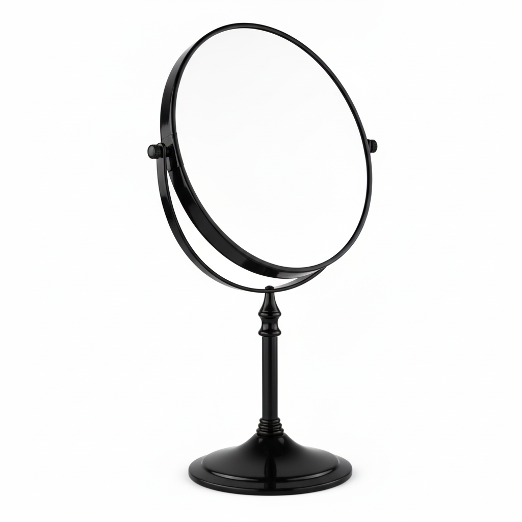 Grafiqe freestanding circular pedestal mirror in a sleek matte black finish, featuring a 360-degree double-sided swivel head for standard and magnified viewing on a stable weighted base.