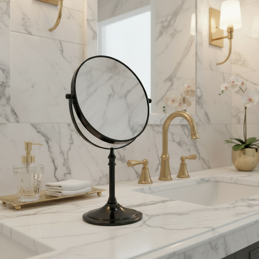 Lifestyle shot of a Grafiqe black pedestal magnifying mirror placed on a white marble bathroom vanity, featuring gold-toned faucets and fixtures with a 360-degree swivel head for professional grooming and makeup application.