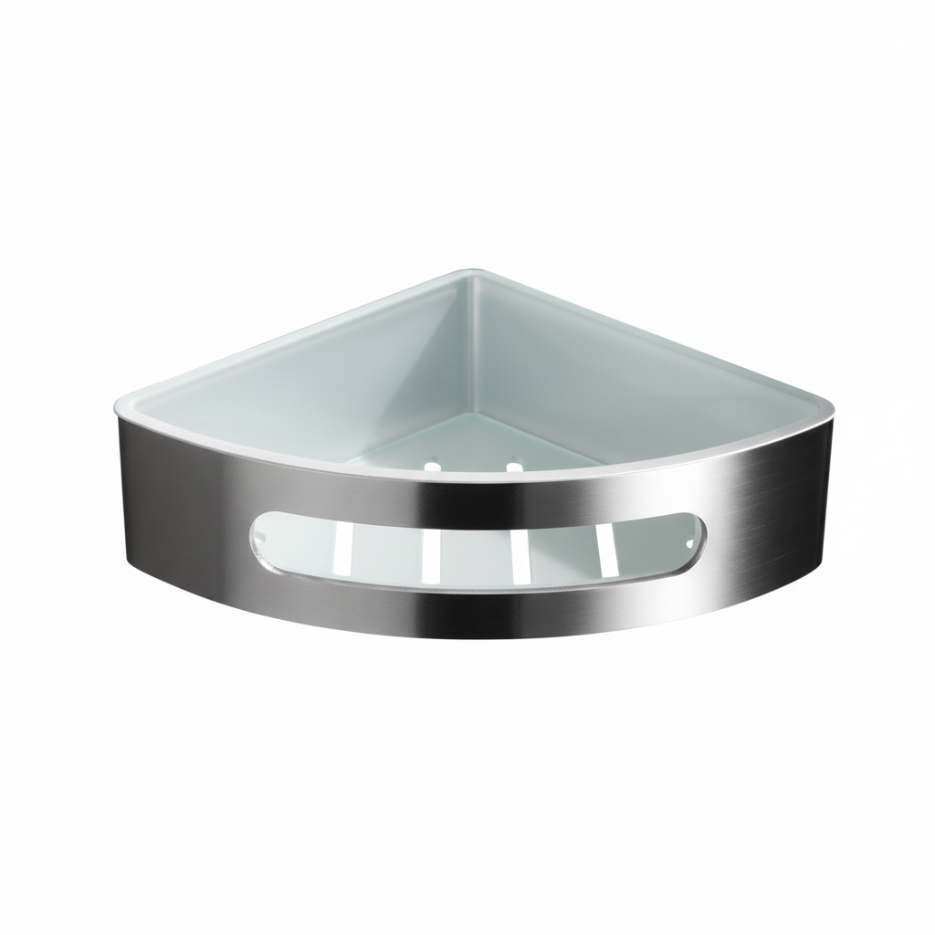 Grafiqe triangular corner shower shelf featuring a brushed stainless steel frame with a drainage-slotted white interior tray, designed for rustproof wall-mounted storage in bathrooms and showers.