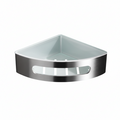 Grafiqe triangular corner shower shelf featuring a brushed stainless steel frame with a drainage-slotted white interior tray, designed for rustproof wall-mounted storage in bathrooms and showers.