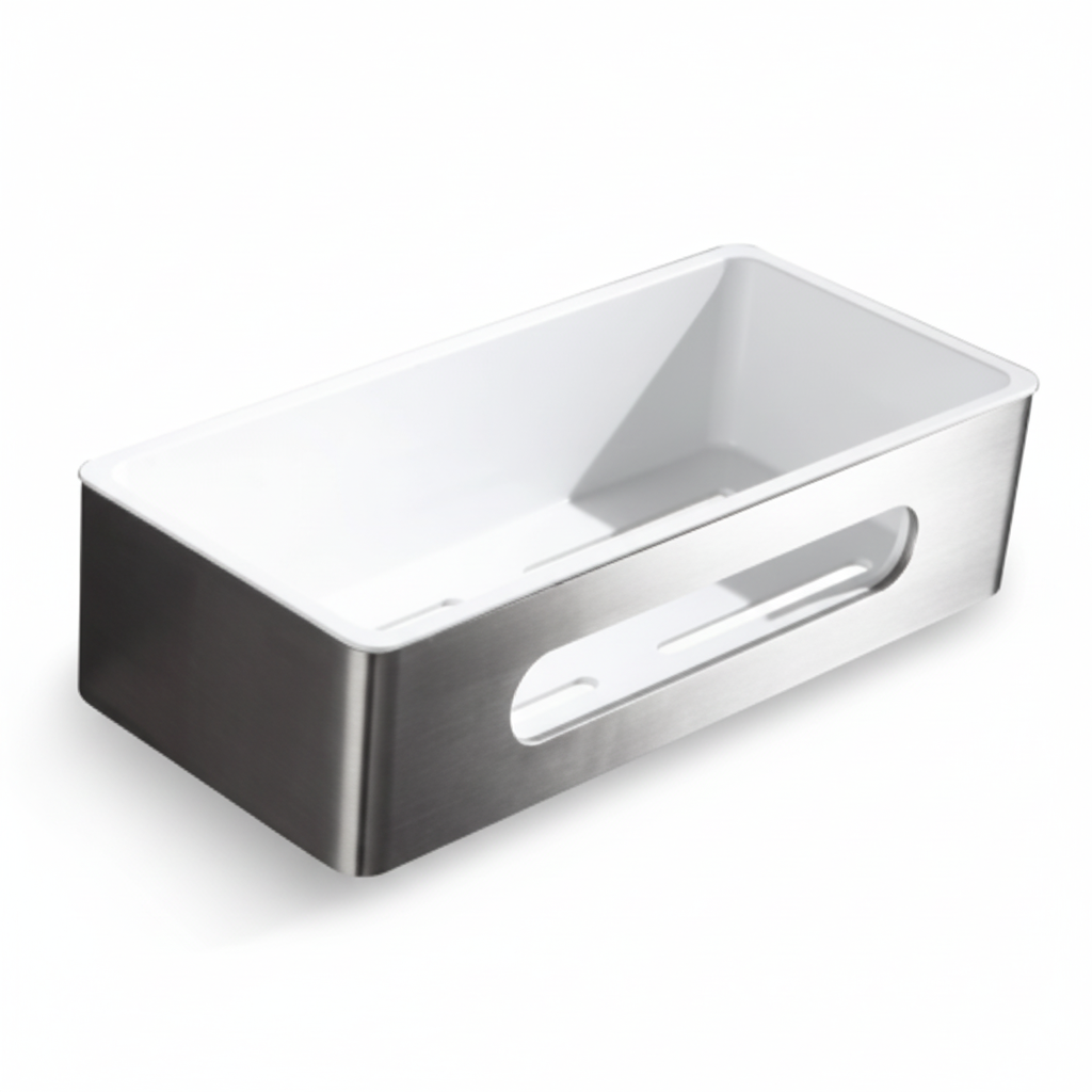 Grafiqe rectangular bathroom shelf featuring a brushed stainless steel exterior frame with a white interior drainage tray, designed for rustproof wall-mounted storage in showers and vanities.
