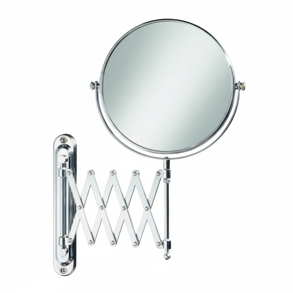 Grafiqe wall-mounted circular makeup mirror in a polished chrome finish, featuring a double-sided swivel head and an extendable zigzag scissor arm for adjustable distance and high-precision grooming.