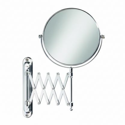 Grafiqe wall-mounted circular makeup mirror in a polished chrome finish, featuring a double-sided swivel head and an extendable zigzag scissor arm for adjustable distance and high-precision grooming.