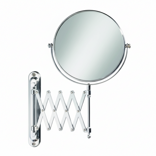 Grafiqe wall-mounted circular makeup mirror in a polished chrome finish, featuring a double-sided swivel head and an extendable zigzag scissor arm for adjustable distance and high-precision grooming.