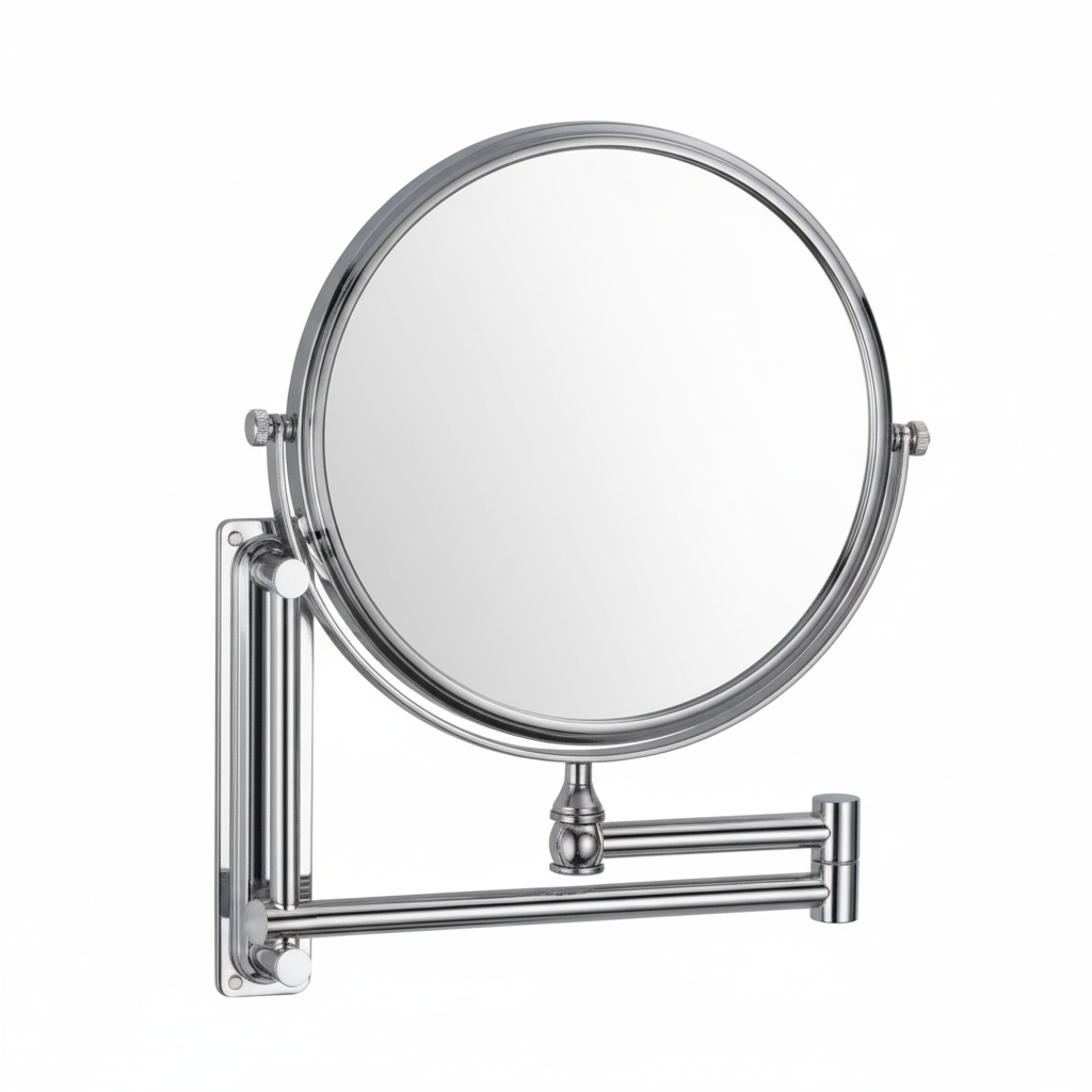 Grafiqe wall-mounted circular magnifying mirror in a polished chrome finish, featuring a 360-degree double-sided swivel head and a heavy-duty extendable double-jointed arm for flexible grooming and makeup application.
