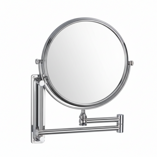 Grafiqe wall-mounted circular magnifying mirror in a polished chrome finish, featuring a 360-degree double-sided swivel head and a heavy-duty extendable double-jointed arm for flexible grooming and makeup application.
