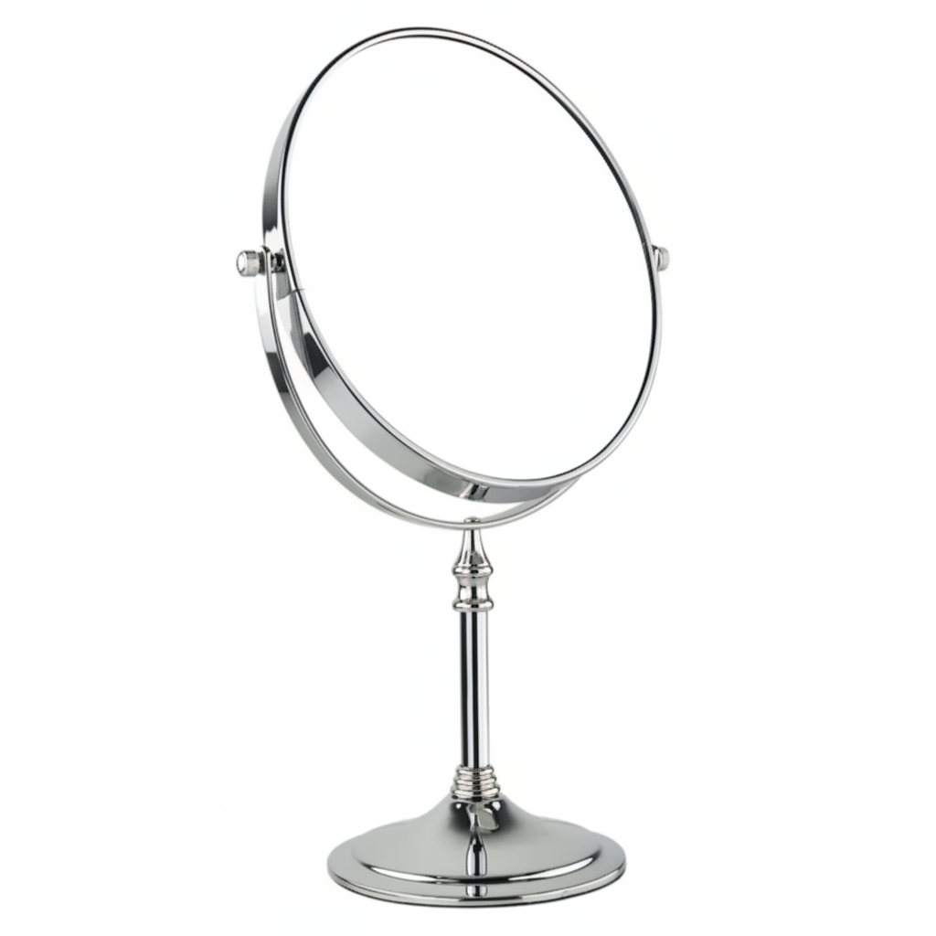 Grafiqe circular pedestal tabletop mirror in a brilliant chrome finish, featuring a 360-degree double-sided swivel head for standard and magnified views on a slender stem and a stable weighted base.