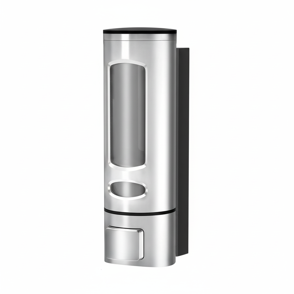 Grafiqe wall-mounted cylindrical liquid dispenser featuring a chrome stainless steel finish, a large vertical transparent viewing window for soap levels, and a chrome manual push-button pump for organized bathroom and shower storage.