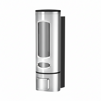 Grafiqe wall-mounted cylindrical liquid dispenser featuring a chrome stainless steel finish, a large vertical transparent viewing window for soap levels, and a chrome manual push-button pump for organized bathroom and shower storage.