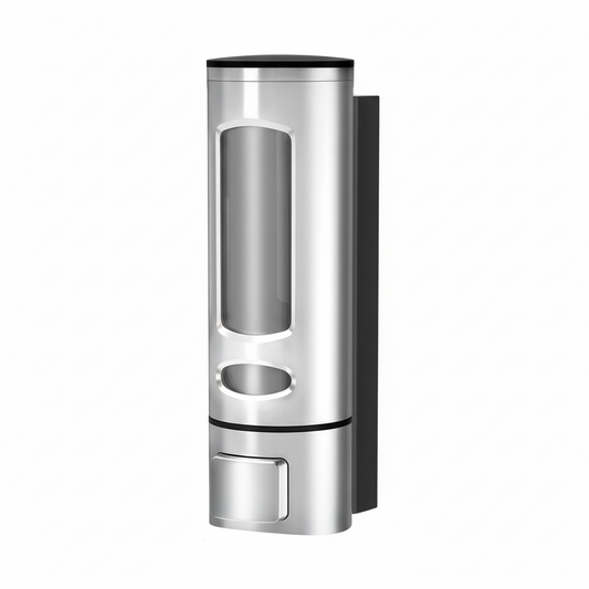 Grafiqe wall-mounted cylindrical liquid dispenser featuring a chrome stainless steel finish, a large vertical transparent viewing window for soap levels, and a chrome manual push-button pump for organized bathroom and shower storage.
