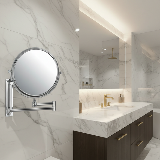 Lifestyle shot of a Grafiqe chrome-finished wall-mounted magnifying mirror with an extendable dual swivel arm, installed on a white marble-tiled wall next to a modern vanity featuring gold fixtures and a backlit mirror.