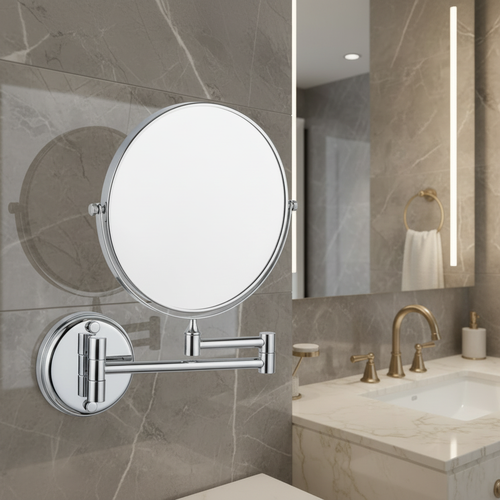 Lifestyle view of a Grafiqe chrome-finished wall-mounted shaving mirror with an extendable swivel arm, installed on a gray marble-tiled wall next to a modern vanity with gold fixtures and ambient lighting.