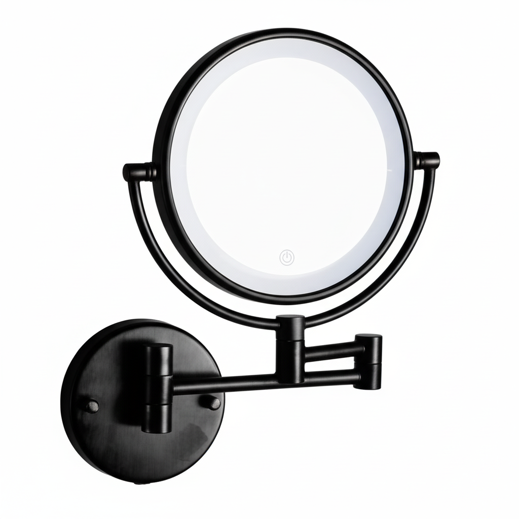Grafiqe wall-mounted circular vanity mirror in a premium black finish, featuring an integrated white LED light ring with feather-touch sensor control and an adjustable double-swivel telescopic arm.