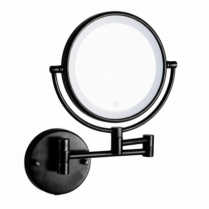 Grafiqe wall-mounted circular vanity mirror in a premium black finish, featuring an integrated white LED light ring with feather-touch sensor control and an adjustable double-swivel telescopic arm.