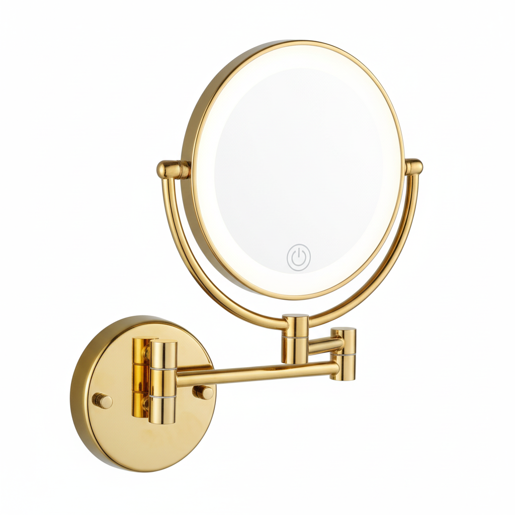 Grafiqe wall-mounted circular vanity mirror in a brilliant gold finish, featuring an integrated white LED halo light with a feather-touch sensor and an adjustable double-swivel telescopic arm for precision grooming.