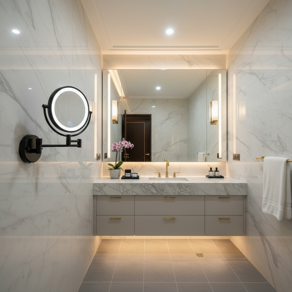 Lifestyle view of a Grafiqe matte black circular LED vanity mirror with a glowing white light ring, mounted on a white marble wall next to a luxury floating vanity and a large backlit mirror in a contemporary master bathroom.