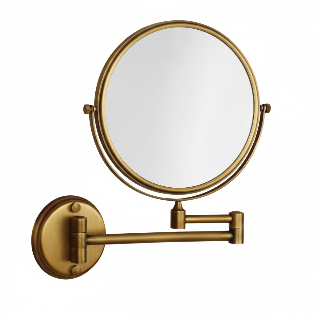 Grafiqe wall-mounted circular vanity mirror in an antique brass finish, featuring an adjustable double-swivel telescopic arm and a 360-degree rotating mirror head for precision grooming and shaving.