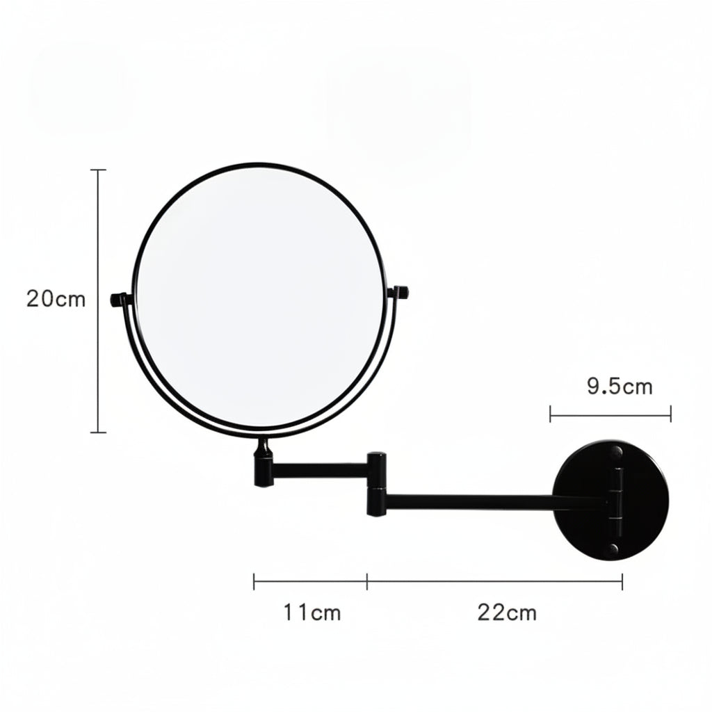 Technical dimension diagram for the Grafiqe  black circular swivel mirror showing a 20 cm mirror diameter, 9.5 cm mounting plate, and a two-stage telescopic arm extending 11cm and 22cm for a total reach of 33 cm.