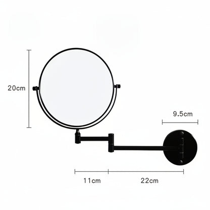 Technical dimension diagram for the Grafiqe  black circular swivel mirror showing a 20 cm mirror diameter, 9.5 cm mounting plate, and a two-stage telescopic arm extending 11cm and 22cm for a total reach of 33 cm.