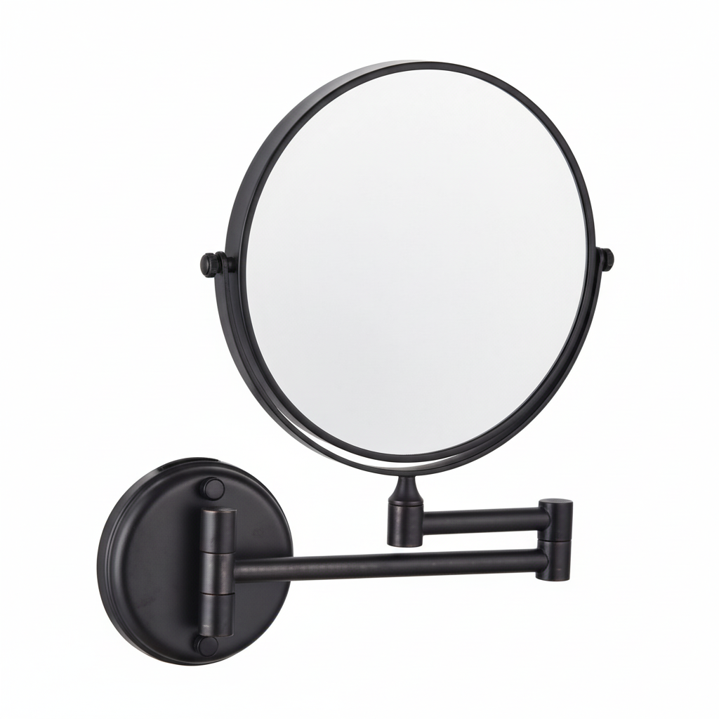 Grafiqe wall-mounted circular vanity mirror in a matte black finish, featuring an adjustable double-swivel telescopic arm and a 360-degree rotating mirror head for precision grooming and makeup application.