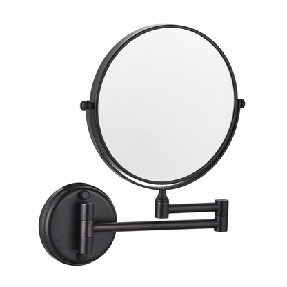 Grafiqe wall-mounted circular vanity mirror in a matte black finish, featuring an adjustable double-swivel telescopic arm and a 360-degree rotating mirror head for precision grooming and makeup application.