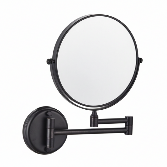 Grafiqe wall-mounted circular vanity mirror in a matte black finish, featuring an adjustable double-swivel telescopic arm and a 360-degree rotating mirror head for precision grooming and makeup application.