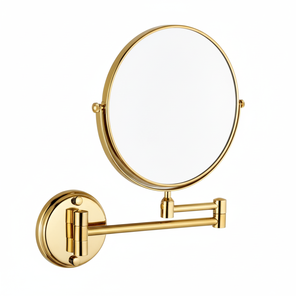 Grafiqe wall-mounted circular vanity mirror in a brilliant gold finish, featuring an adjustable double-swivel telescopic arm and a 360-degree rotating mirror head for precision makeup and shaving.