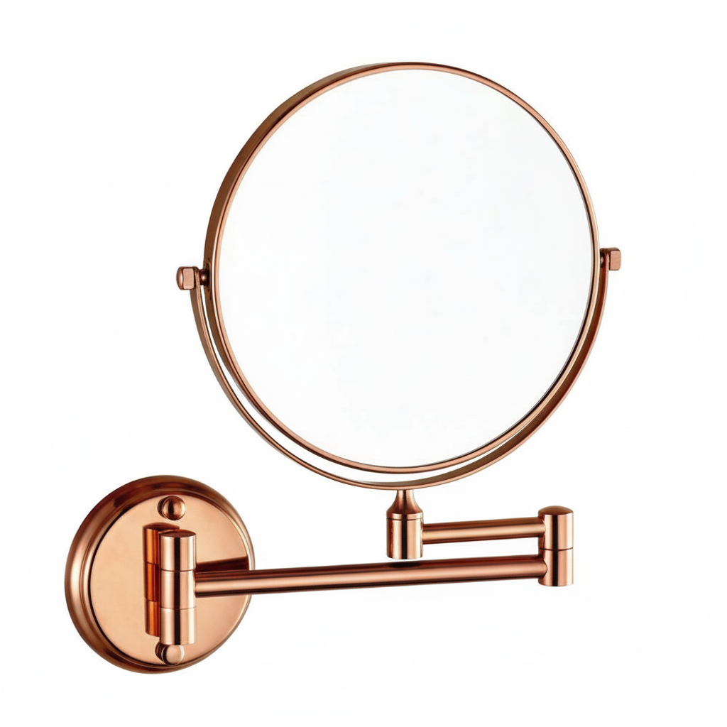 Grafiqe wall-mounted circular vanity mirror in a polished rose gold finish, featuring an adjustable double-swivel telescopic arm and a 360-degree rotating mirror head for precision grooming and makeup.