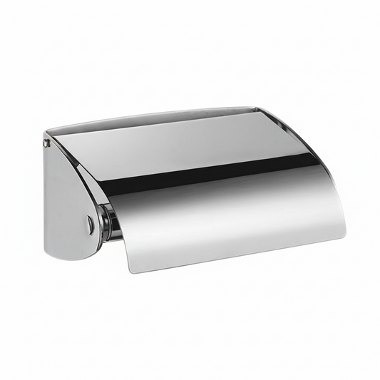 Grafiqe wall-mounted toilet roll holder in a high-shine chrome finish, featuring a curved protective flap cover and a sleek minimalist design for modern luxury bathroom interiors.