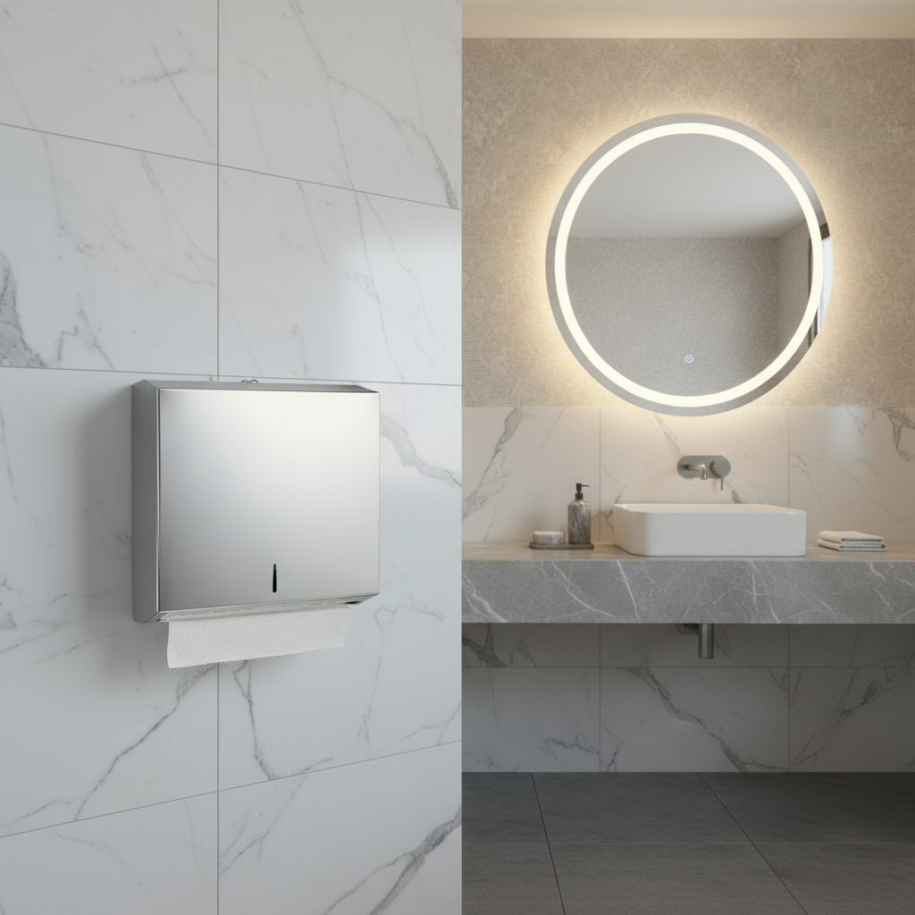 Lifestyle view of a Grafiqe commercial paper towel dispenser in silver,mounted on a white marble wall in a luxury bathroom featuring a floating stone vanity, vessel sink, and a large circular backlit mirror.