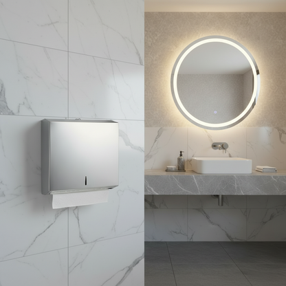 Lifestyle view of a Grafiqe commercial paper towel dispenser in silver,mounted on a white marble wall in a luxury bathroom featuring a floating stone vanity, vessel sink, and a large circular backlit mirror.