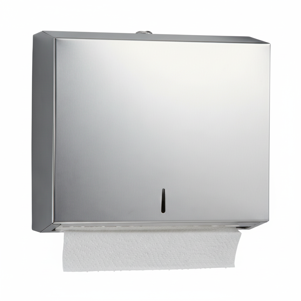 Grafiqe wall-mounted commercial paper towel dispenser in a premium silverl finish, featuring a slim vertical viewing window for level monitoring and a lockable top for secure washroom paper storage.
