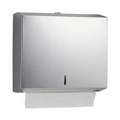 Grafiqe wall-mounted commercial paper towel dispenser in a premium silverl finish, featuring a slim vertical viewing window for level monitoring and a lockable top for secure washroom paper storage.