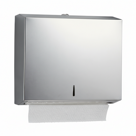 Grafiqe wall-mounted commercial paper towel dispenser in a premium silverl finish, featuring a slim vertical viewing window for level monitoring and a lockable top for secure washroom paper storage.