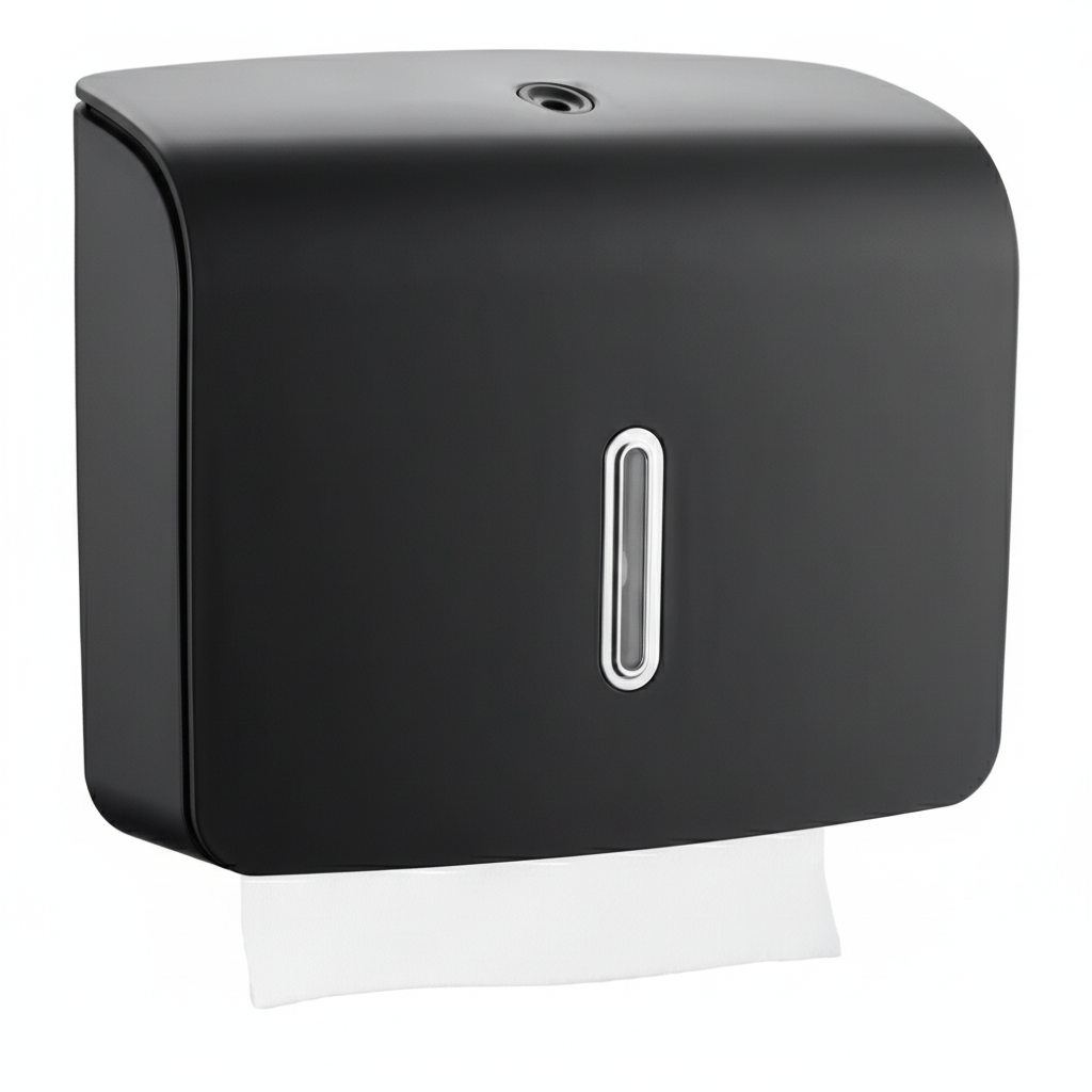 Grafiqe wall-mounted compact paper towel dispenser in a premium black finish, featuring a vertical viewing window for level monitoring and a secure lockable top for commercial washroom use.