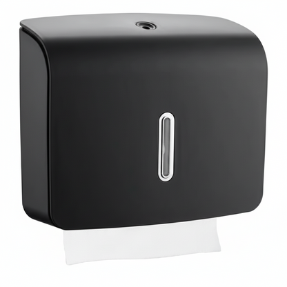 Grafiqe wall-mounted compact paper towel dispenser in a premium black finish, featuring a vertical viewing window for level monitoring and a secure lockable top for commercial washroom use.